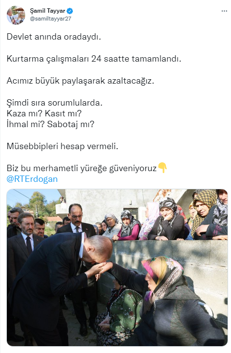 Şamil Tayyar, Bartın'daki maden faciası ile ilgili yorumda bulunarak "Müsebbipleri hesap vermeli" dedi.